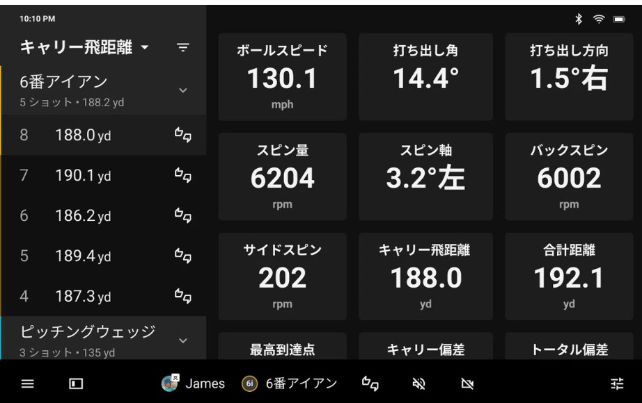 盛岡市の室内ゴルフ練習でGARMIN Approach R50に表示される弾道データ画面